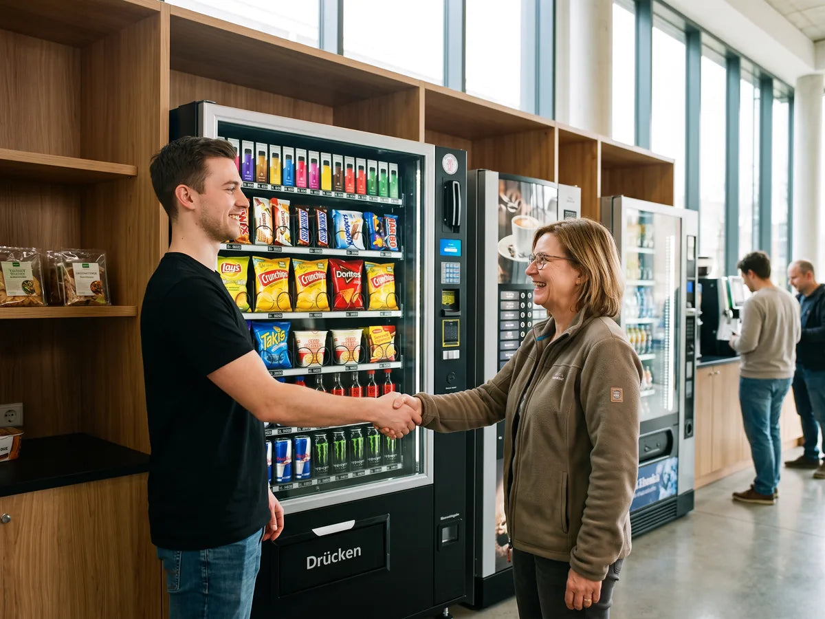 Persönliche Übergabe eines Snackautomaten an eine Betreiberin
