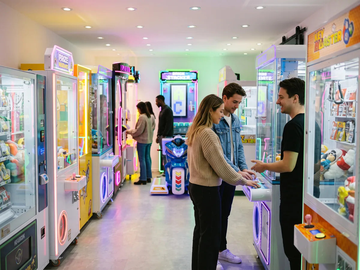 Besucher probieren Greifautomaten im Showroom aus